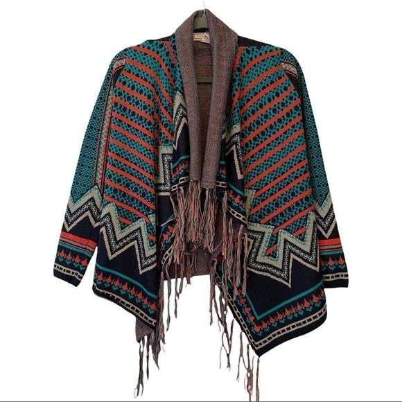 Flying Tomato retro bohemian Aztec print fringed open front cardigan size small - Picture 1 of 6